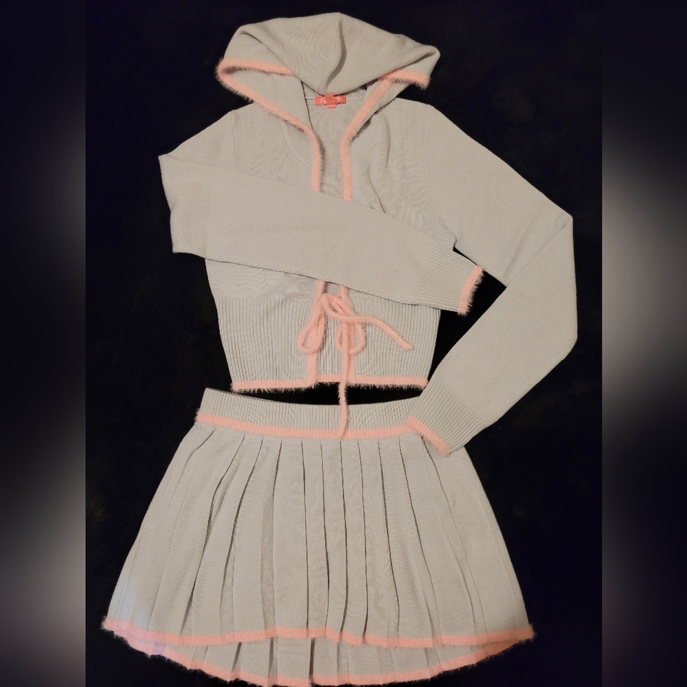 Sugar Thrillz Gray and Pink Knit Hoodie Cardigan and Skirt Set